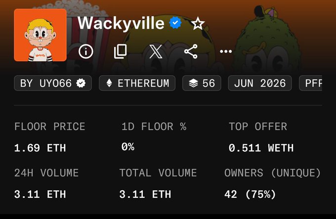 The image shows a NFT collection stats page for "Wackyville" by UY066 on the Ethereum blockchain, displaying a current floor price of 1.69 ETH, a top offer of 0.511 WETH, and 42 unique owners (75%)—though the caption's "$3k floor price" claim appears outdated since the floor has dropped significantly to roughly $5,500 at current ETH prices, prompting the "COOK!" exclamation.