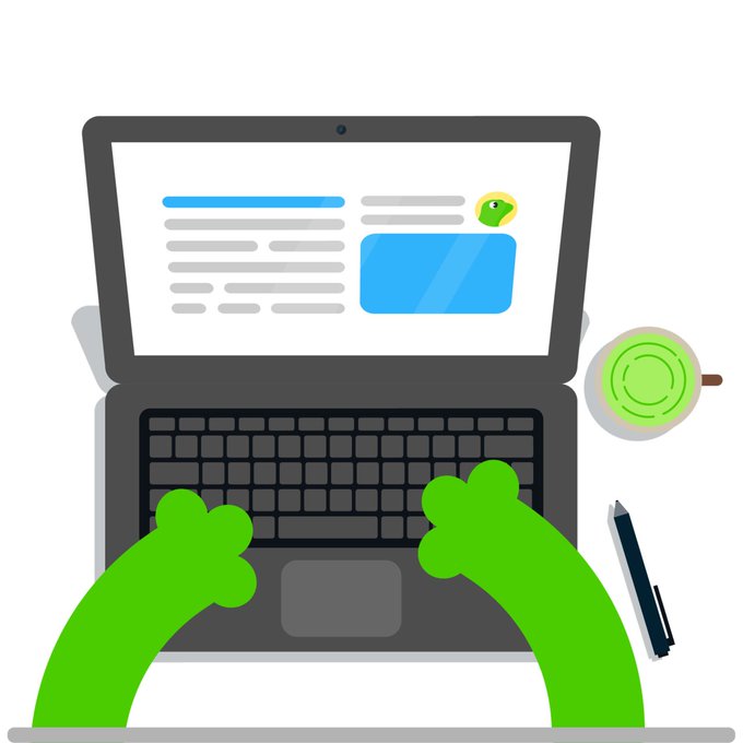 A flat vector illustration shows a green frog or character working on a laptop with a blue document on the screen, accompanied by a green coffee cup and a pen on a white background.