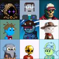 A collage of small pixel-art or sprite-style images featuring various characters, animals, and creatures in a grid format.