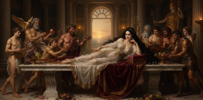 A classical-style painting depicting a woman in flowing white and red robes reclining on a banquet table surrounded by mythological figures including gods, cherubs, and attendants in an ornate hall.