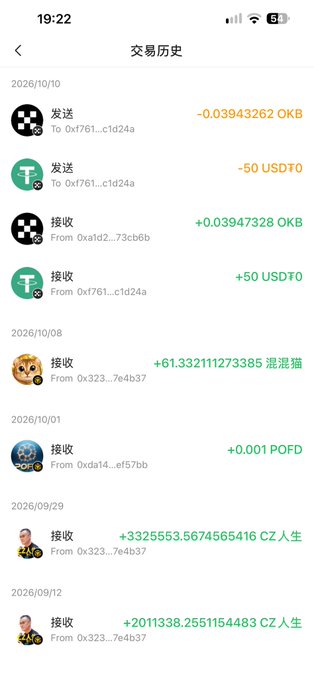 A smartphone screenshot of a crypto transaction history in Chinese (交易历史), showing dates from 2026/10/10 to 2026/09/12 with transactions involving OKB, USDT, 混混猫, POFD, and CZ 人生 tokens.