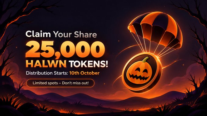 A Halloween-themed promotional graphic advertises 'Claim Your Share 25,000 HALWN TOKENS!' with distribution starting 10th October, featuring a jack-o'-lantern descending on a parachute.