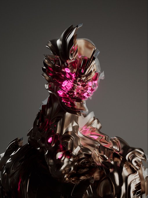 A futuristic metallic figure/robot with elaborate armor and a striking pink crystalline face/mask against a gray background.