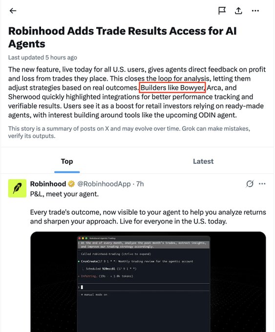 A news article titled 'Robinhood Adds Trade Results Access for AI Agents' describes a new feature giving agents feedback on profit and loss, with 'Bowyer' highlighted in red and a Robinhood post stating 'P&L, meet your agent.'