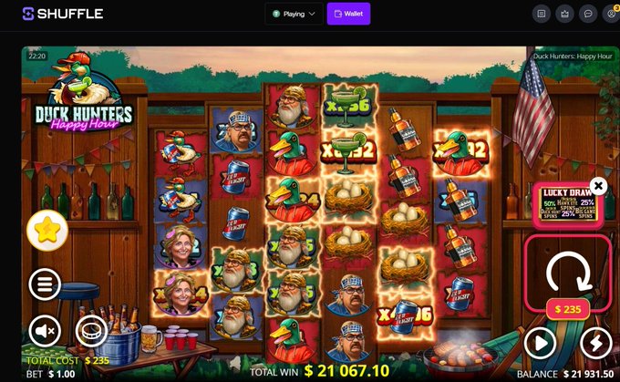 A screenshot of an online slot game called 'Duck Hunters Happy Hour' by Shuffle, showing a winning combination with a total win of $21,067.10 and a balance of $21,931.50.