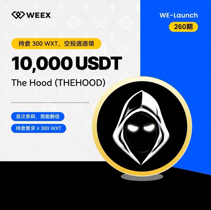 A promotional graphic for WEEY's WE-Launch 260 advertises 10,000 USDT for The Hood (THEHOOD) token, featuring a hooded figure logo and Chinese text indicating an airdrop for holding 300 WXT.