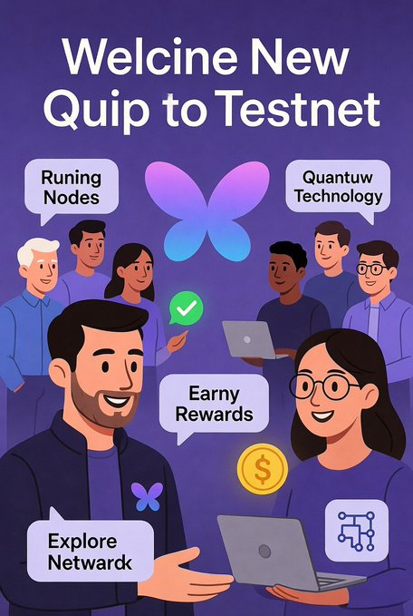 A promotional graphic titled 'Welcine New Quip to Testnet' featuring cartoon characters around a butterfly logo, with bubbles reading 'Runing Nodes', 'Quantuv Technology', 'Earny Rewards', and 'Explore Netwark'.