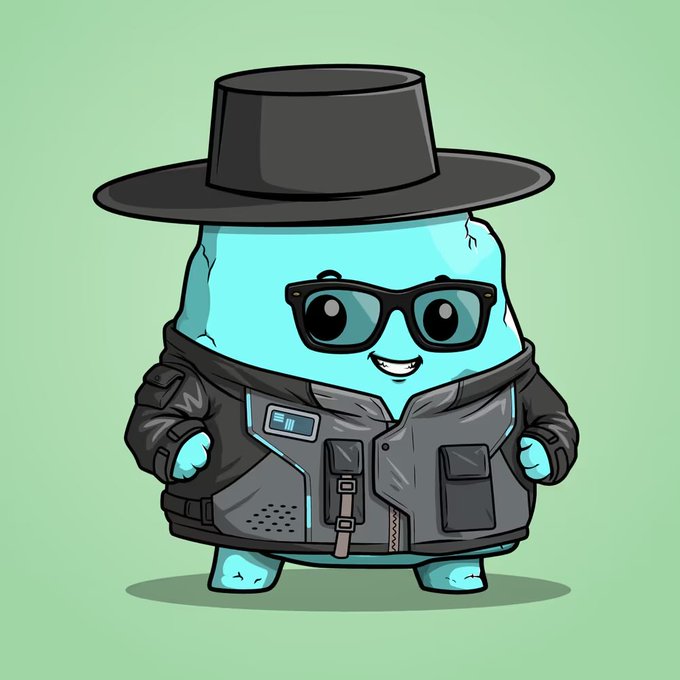 A cartoon illustration of a cute blue cylindrical character wearing a black wide-brimmed hat, black sunglasses, and a black leather jacket on a light green background.