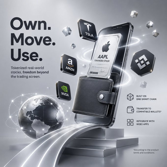 A promotional image showcases tokenized real-world stocks like AAPL, TSLA, AMZN, and NVDA being displayed from a wallet on a phone, with text "Own. Move. Use." emphasizing that tokenized assets remain tied to the underlying stocks' lifecycle, including dividend distributions and stock splits, while being built on BNB Smart Chain for use across compatible wallets and web apps.