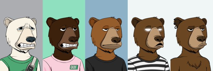 Five cartoon bear characters displayed side-by-side in different variations, including a white bear in a green shirt, a brown bear in a pink shirt with 'BEAR' written on it, a brown bear in a black shirt, a brown bear with glowing white eyes in a striped shirt, and a brown bear with a tuft of hair on its head.