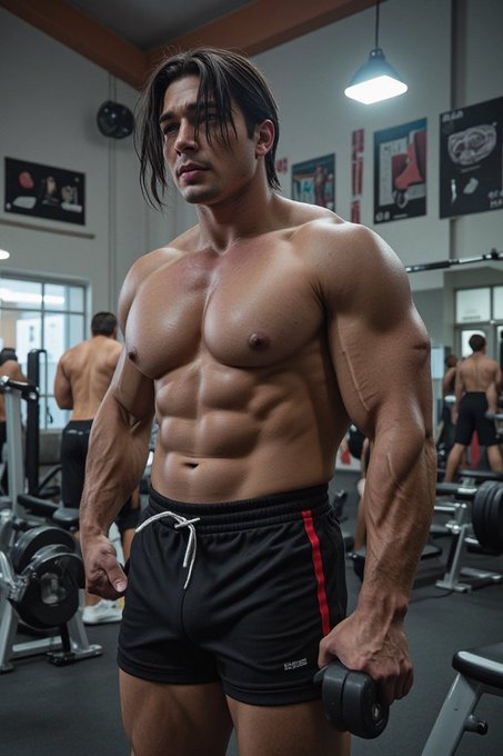 A highly muscular, shirtless man with long hair poses in a gym holding a dumbbell, showcasing an extremely defined physique with prominent abs and pectoral muscles.