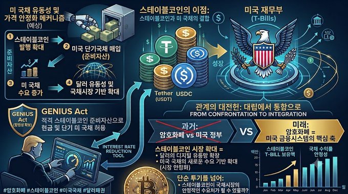 A Korean-language infographic illustrating the relationship between stablecoins and the U.S. government, featuring diagrams of the GENIUS Act, Tether/USDC, and the U.S. Treasury.