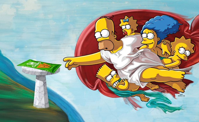 A parody artwork recreating Michelangelo's 'Creation of Adam' with the Simpsons family, where Homer reaches toward a green Simpsons-branded box on a pedestal.