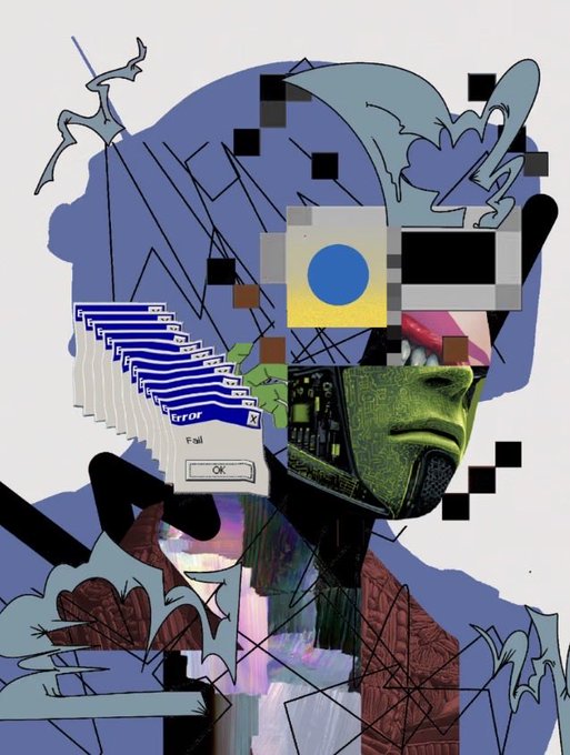 A glitch art style digital collage featuring a blue-toned figure with bats, a cascading series of 'Error' dialog boxes, and a circuit board face mask against an abstract blue background.