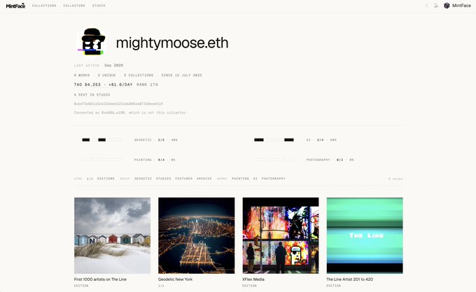 The image shows the MintFace profile page for collector "mightymoose.eth" with the wallet address ending in "e88" and TAO balance of 94,253 (+$1.6/DAY), displaying their collection which includes "First 1000 artists on The Line," "Geodetic New York," "XFiles Media," and "The Line Artist 201 to 420." This aligns with the tweet highlighting them as an early The Line supporter with airdropped NFTs and early AI works.