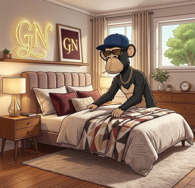 The image features a cartoon monkey standing on top of an unmade bed with a comforter, wearing sunglasses and a baseball cap. The monkey appears to be looking at something off-camera or possibly engaging in some activity. In the background, there is a clock on the wall and a lamp next to it. The post that accompanies this image reads: "Good night All My X Family GN Have a sweet dream tomorrow last day of @XOOBNetwork stay locked in Super Bullish alpha @useTria".