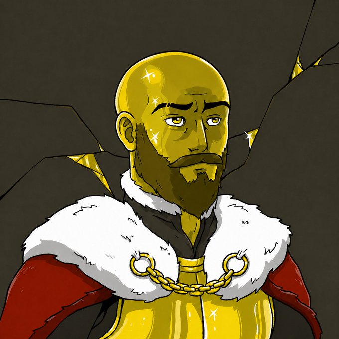 An illustrated portrait of a bald, bearded figure in golden armor with a white fur collar and gold chain, depicted against a dark, cracked background suggesting gold or treasure breaking through.