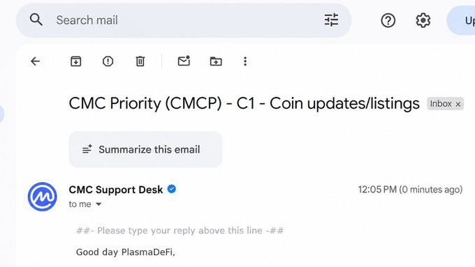 A screenshot of a Gmail inbox shows an email titled "CMC Priority (CMCP) - C1- Coin updates/listings" from CMC Support Desk, sent at 12:05 PM with ticket-related correspondence visible. This relates to the accompanying post about Indexa ($NDX) submitting a CoinMarketCap listing application under ticket ID #1368371, serving as verification of the official submission.