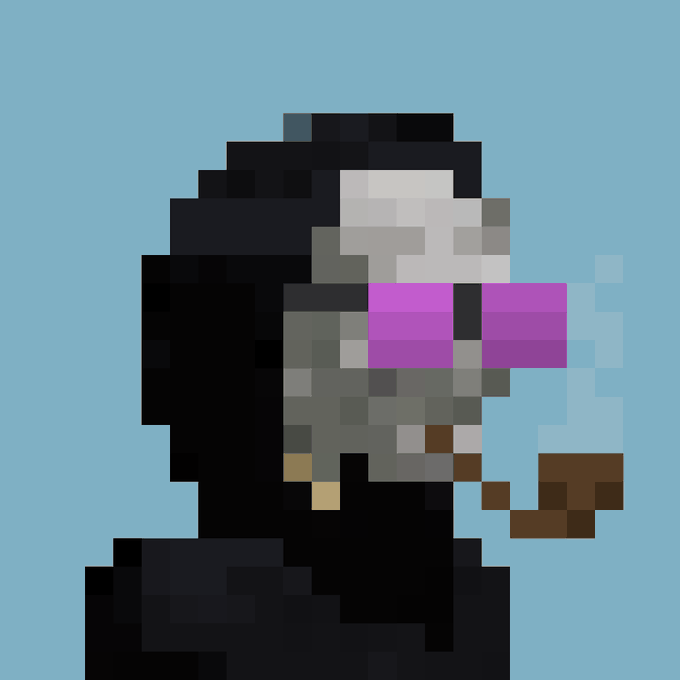 A pixel art illustration of a hooded figure wearing purple sunglasses and smoking a brown pipe against a light blue background.