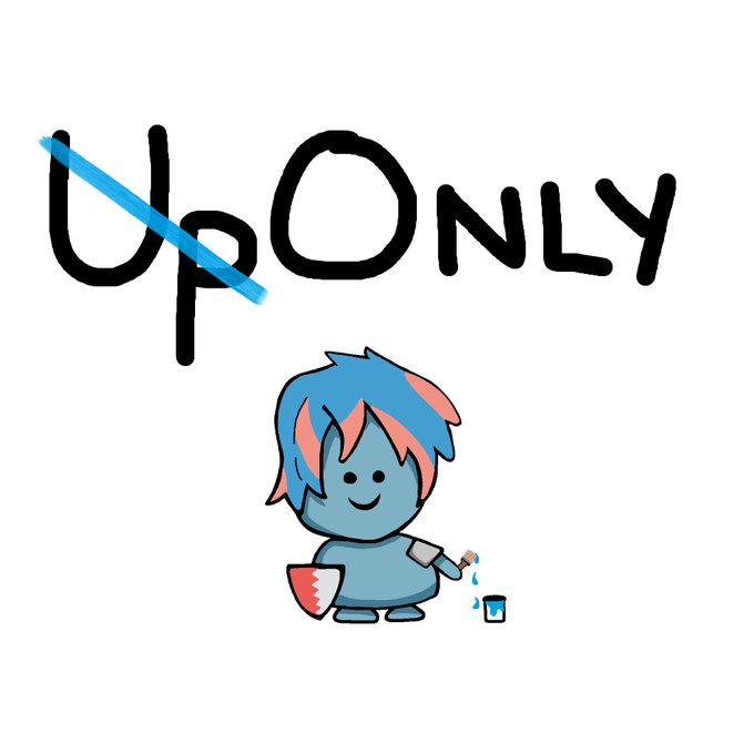 The image features a cartoon character with blue hair, wearing a red cape and holding a paintbrush. The character appears to be painting something, possibly a house or a tree. The background of the image is white, which contrasts nicely with the colorful elements in the foreground. There are two lines drawn on the image that read "Up Only" above the cartoon character's head.