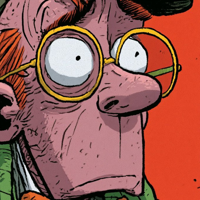 A cartoonish close-up of a wide-eyed man with orange hair and round yellow glasses, rendered in a bold, stylized comic art style with a bright red background. The exaggerated features and somewhat surreal, uncanny aesthetic fit the "AI slop" theme referenced in the post.