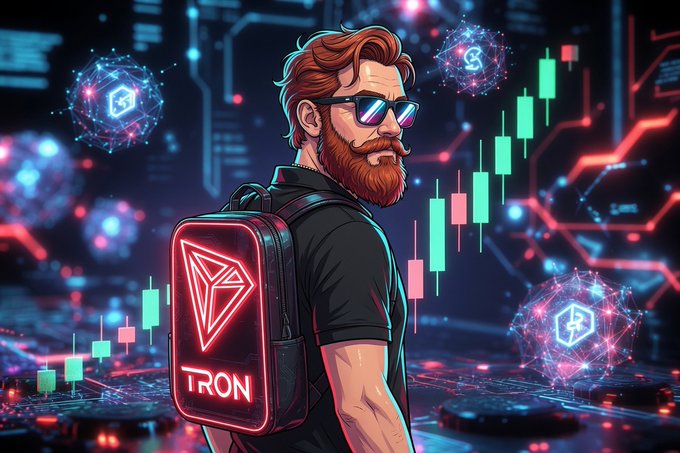 A bearded man with sunglasses carries a glowing red TRON-branded backpack against a futuristic backdrop of neon trading charts and blockchain icons, visually representing the launch of TRX trading on Backpack. The image's crypto and trading motifs align with the announcement of new institutional and retail access to TRON liquidity.