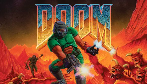 The image is the iconic cover art of the original "DOOM" video game, featuring the words "DOOM" prominently displayed above a green-armored space marine firing weapons at demonic creatures in a fiery red hellscape, which visually reinforces the post's celebration of the $DOOM token and its "Road to 1B" market cap challenge.