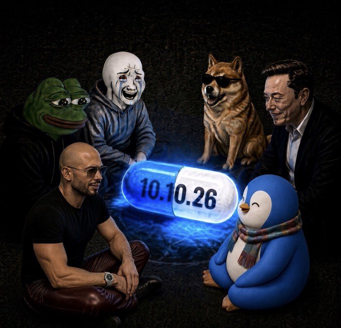 A digital artwork depicts various internet meme figures including Doge, a crying wojak, Elon Musk, Andrew Tate, Pepe, and a penguin gathered around a glowing pill labeled '10.10.26'.