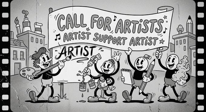 A black and white retro cartoon-style banner reading 'CALL FOR ARTISTS' and 'ARTIST SUPPORT ARTIST' features four cheerful characters—a painter, sculptor, sketcher, and potter—holding their tools beneath a city skyline, designed to look like an old film strip.