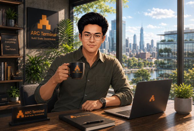 A man sits at an office desk holding a black mug and a laptop, both displaying an orange pixel-style logo and the text “ARC Terminal,” with a matching wall sign and desk nameplate behind him. The image serves as a branded promotional visual for ARC Terminal’s market-breadth dashboard, though no specific breadth numbers, median 24h move, or ticker values are visible.