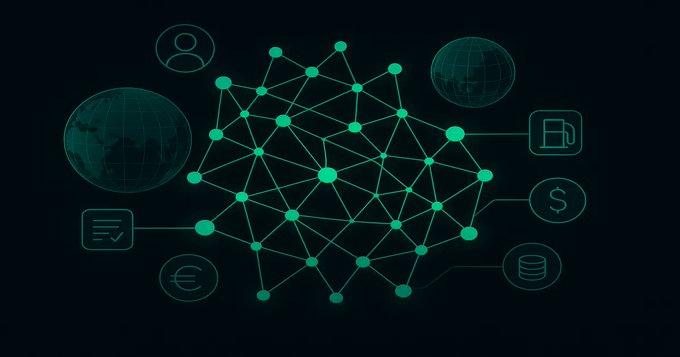 A teal-colored digital graphic showing a network/mesh of connected nodes surrounded by icons representing people, globes, fuel, currency (dollar and euro), and databases on a dark background.