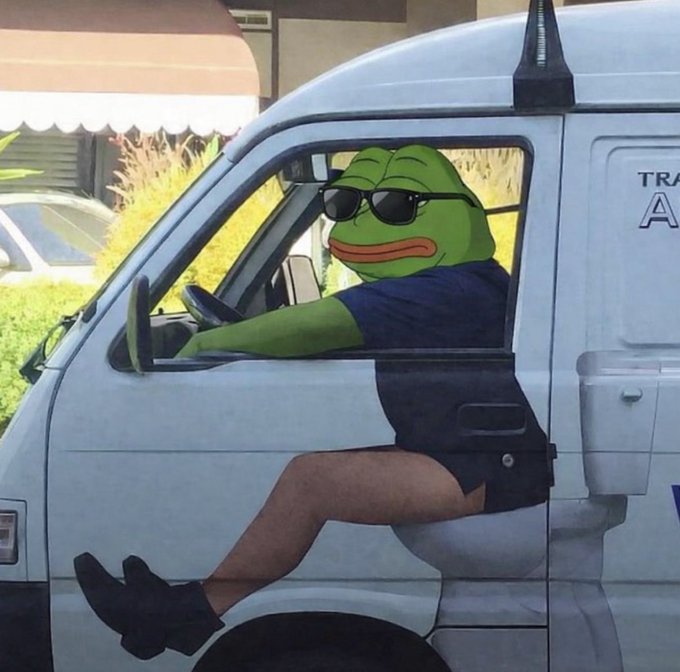 A Pepe the Frog meme edit shows the character wearing sunglasses, a t-shirt, and shorts, driving a white van while leaning out the window.