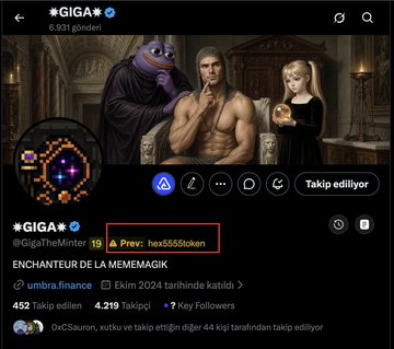 The screenshot shows Twitter user **@GIGA** (@GigaTheMinter) displaying "Prev: hex5555token" in their profile history, visually confirming the rebranding mentioned in the post. The account currently promotes a memecoin called **GIGA** under the theme "Enchanteur de la Mememagik," with **4,219 followers** and **452 likes** on their pinned tweet.