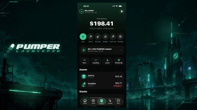 A smartphone screen displays the Pumper Launchpad app showing a wallet balance of $198.41, with assets including USDT and PUMPER, set against a futuristic green city background.