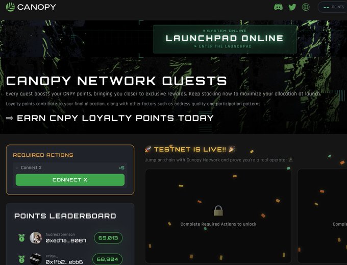 The Canopy Network website promotes its launchpad online with 'CNPY Network Quests' to earn loyalty points, featuring a required action to connect X and displaying a points leaderboard.