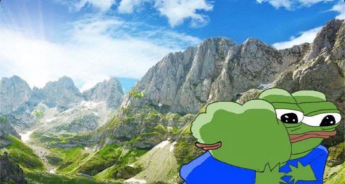 Two cartoon frogs hugging in front of a scenic mountain landscape.
