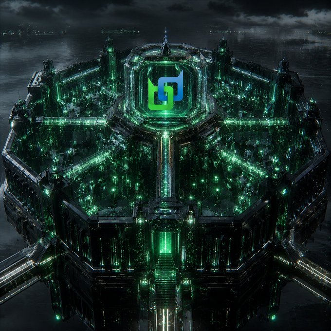 A dark, futuristic fortress or castle with green glowing lights and a green and blue logo (appearing to be from PoolTogether) in the center.