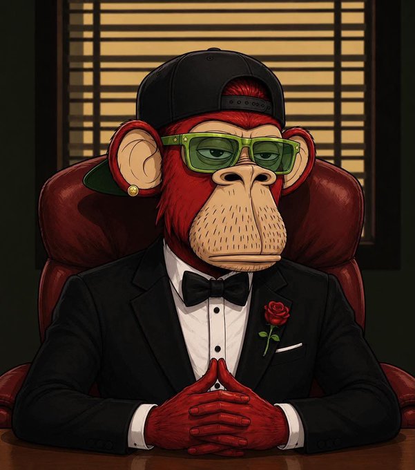 An illustration of a red monkey wearing a black cap, green glasses, and a tuxedo with a red rose boutonnière, sitting at a desk with clasped hands.