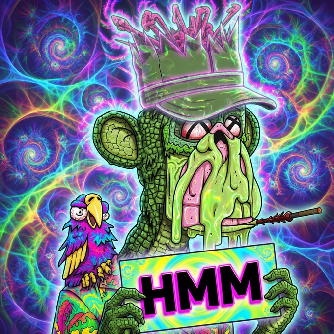 A psychedelic digital artwork featuring a green reptilian creature wearing a crown and holding a sign that says "HMM" in front of a colorful swirling background, with a bird beside it.