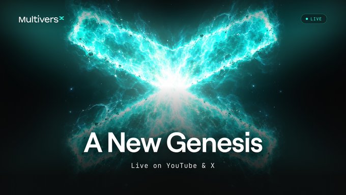 The image is a promotional graphic for a MultiversX livestream event titled "A New Genesis," featuring a glowing cyan butterfly-shaped cosmic energy design against a dark background, with "MultiversX" branding in the top left, a "LIVE" indicator in the top right, and text announcing the event is streaming live on YouTube and X, directly matching the post's announcement of the broadcast starting at 17:45 UTC.