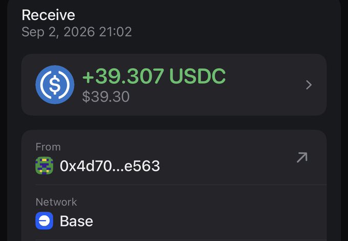A crypto wallet 'Receive' screen dated 'Sep 2, 2026 21:02' showing an incoming payment of '+39.307 USDC' on the Base network.
