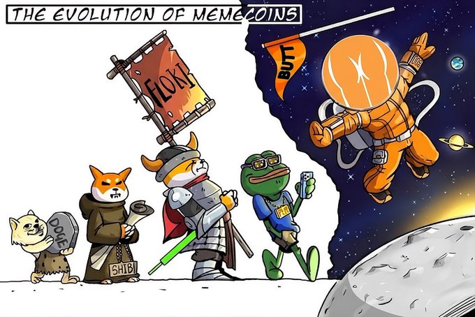 The image features a cartoon of five cartoon characters standing together against a backdrop of a moonlit sky. The characters include a dragon, a frog, an orange fish, a monkey, and a dog. Each character has their own unique appearance and pose, creating a lively scene that captures attention. The post is titled "The evolution of Memecos" and includes text about meme coins such as "Flug" and "Doge". The image also contains a caption that reads "Focus on what is in the image and how it relates to the post", which could be interpreted as an analysis or evaluation of the cartoon characters' significance within the context of meme culture.