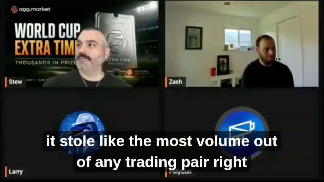 The image shows a screen divided into two parts, with a man talking at the top of the left part while another person appears below him on the right side. In both scenes, a man is described as having a beard and mustache. The bottom of the image features several text bubbles that provide information about trading pairs, copying leading traders, and how to get the best prices across prediction markets.
