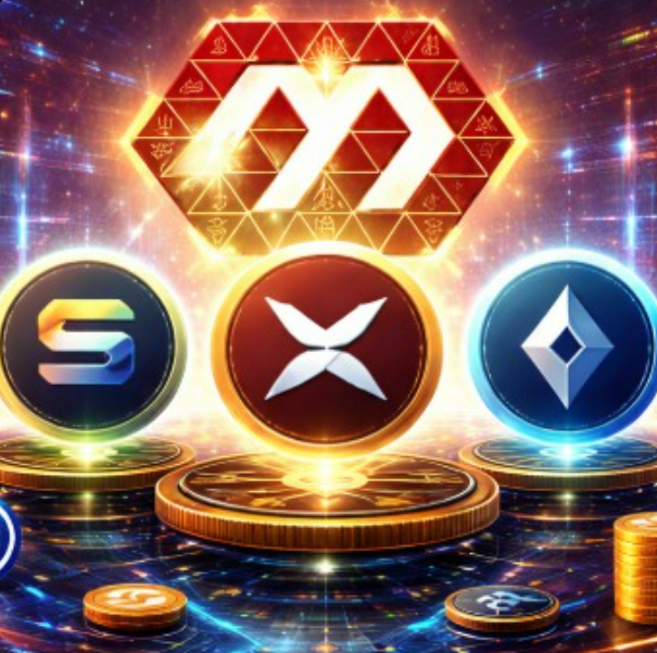 A vibrant digital artwork displaying three cryptocurrency coins—including Solana, XRP, and Ethereum—under a glowing red hexagonal emblem with Chinese characters.