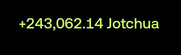 The image displays the text "+243,062.14 Jotchua" in bright green lettering on a black background, indicating a massive percentage gain for the $Jotchua token. This visually reinforces the post's bullish sentiment about the coin's strong "pump" potential and its journey back to all-time highs.