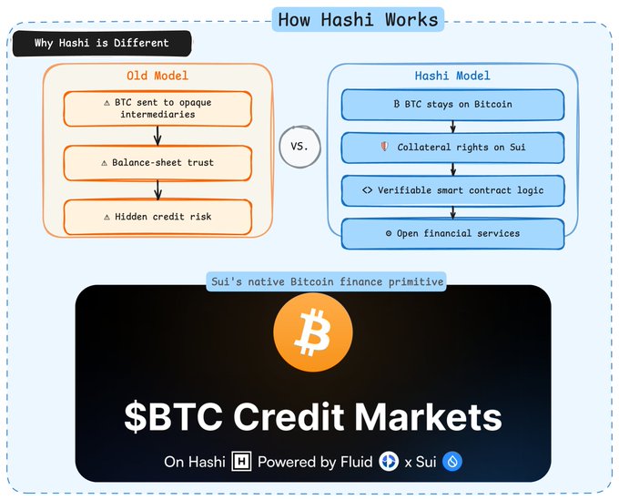 The image, titled "How Hashi Works," contrasts the "Old Model" (BTC sent to opaque intermediaries, balance-sheet trust, hidden credit risk) with the "Hashi Model" (BTC stays on Bitcoin, collateral rights on Sui, verifiable smart contract logic, open financial services), promoting "$BTC Credit Markets" as Sui's native Bitcoin finance primitive powered by Hashi, Fluid, and Sui. The chart visually reinforces the post's point that Hashi enables expanded BTC utility without BTC ever leaving Bitcoin, positioning Sui's approach as a transparent, trustless alternative to traditional BTCFi.
