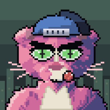 A pixel art portrait shows a pink cat wearing a blue baseball cap backward and smoking a small pipe.