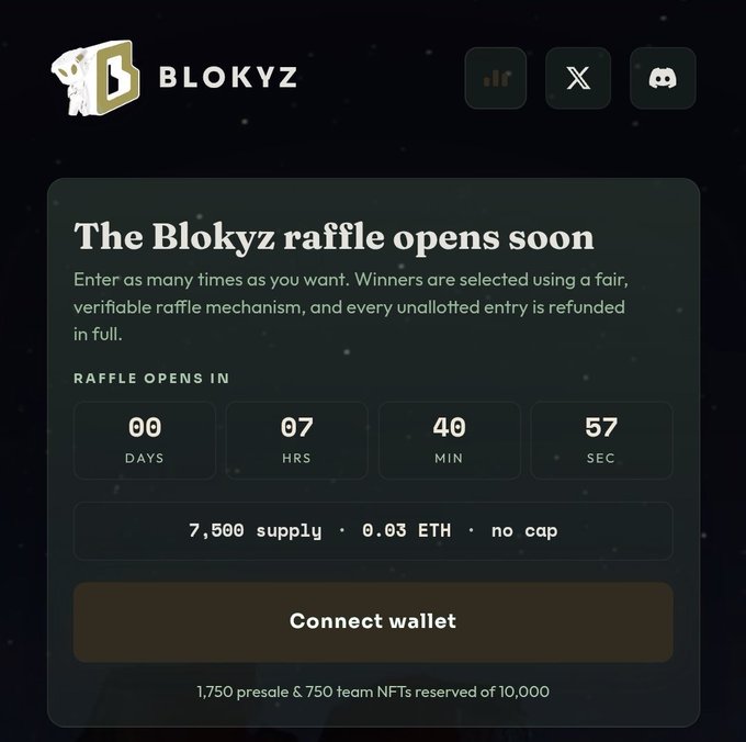 A dark-themed promotional page for 'BLOKYZ' announcing 'The Blokyz raffle opens soon' with a countdown timer, priced at '0.03 ETH' with '7,500 supply' and 'no cap', featuring a 'Connect wallet' button.