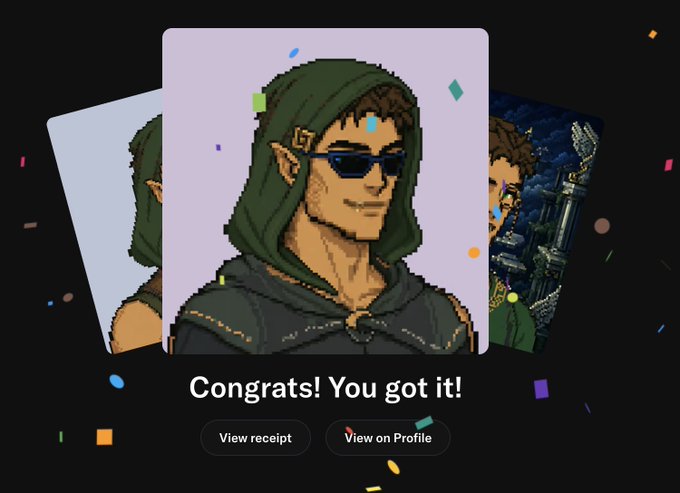 A digital pixel art congratulatory card displays a hooded elf-like character wearing sunglasses, with the text 'Congrats! You got it!' and buttons for 'View receipt' and 'View on Profile'.
