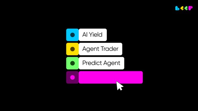 The image showcases a menu with three AI agent options—"AI Yield," "Agent Trader," and "Predict Agent"—with a cursor hovering over a pink button below, promoting the launch of the "Just Beep It" app for joining the agentic economy.